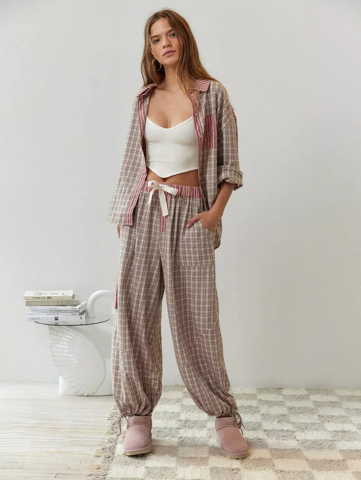 Damen Pyjama Zweiteilig Mit Knopfleiste Muster Karo- und Streifenmuster