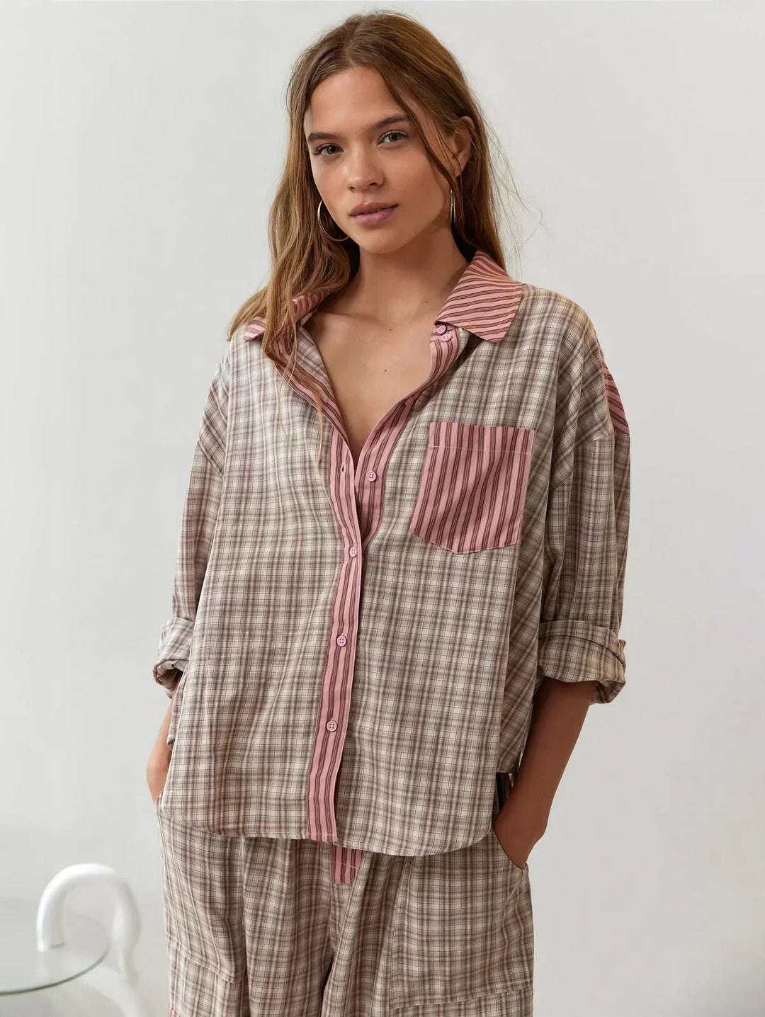 Damen Pyjama Zweiteilig Mit Knopfleiste Muster Karo- und Streifenmuster