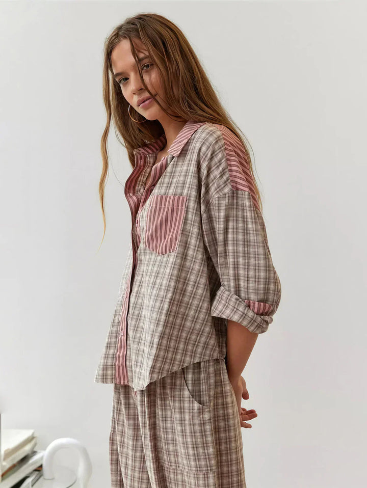 Damen Pyjama Zweiteilig Mit Knopfleiste Muster Karo- und Streifenmuster