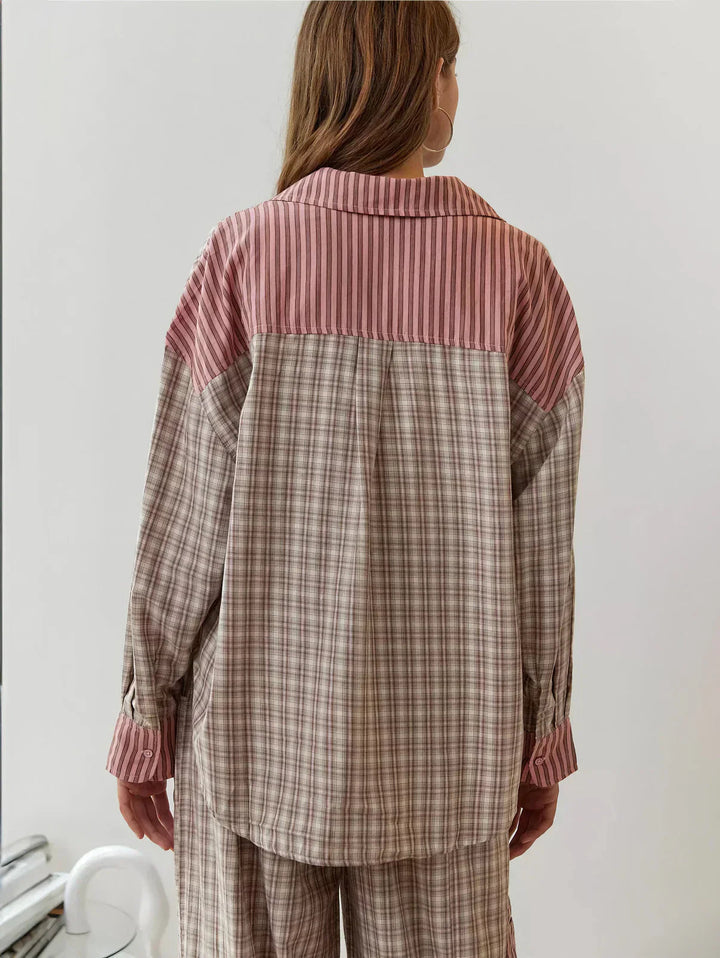 Damen Pyjama Zweiteilig Mit Knopfleiste Muster Karo- und Streifenmuster