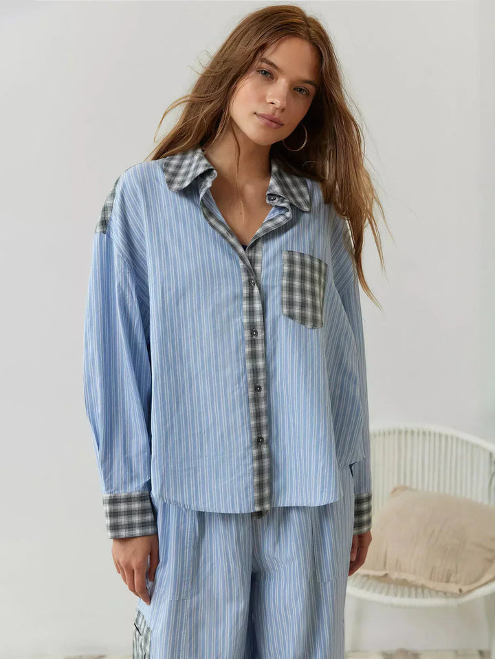 Damen Pyjama Zweiteilig Mit Knopfleiste Muster Karo- und Streifenmuster