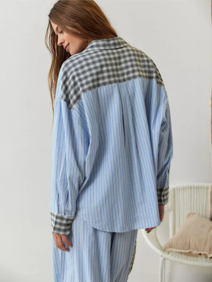 Damen Pyjama Zweiteilig Mit Knopfleiste Muster Karo- und Streifenmuster