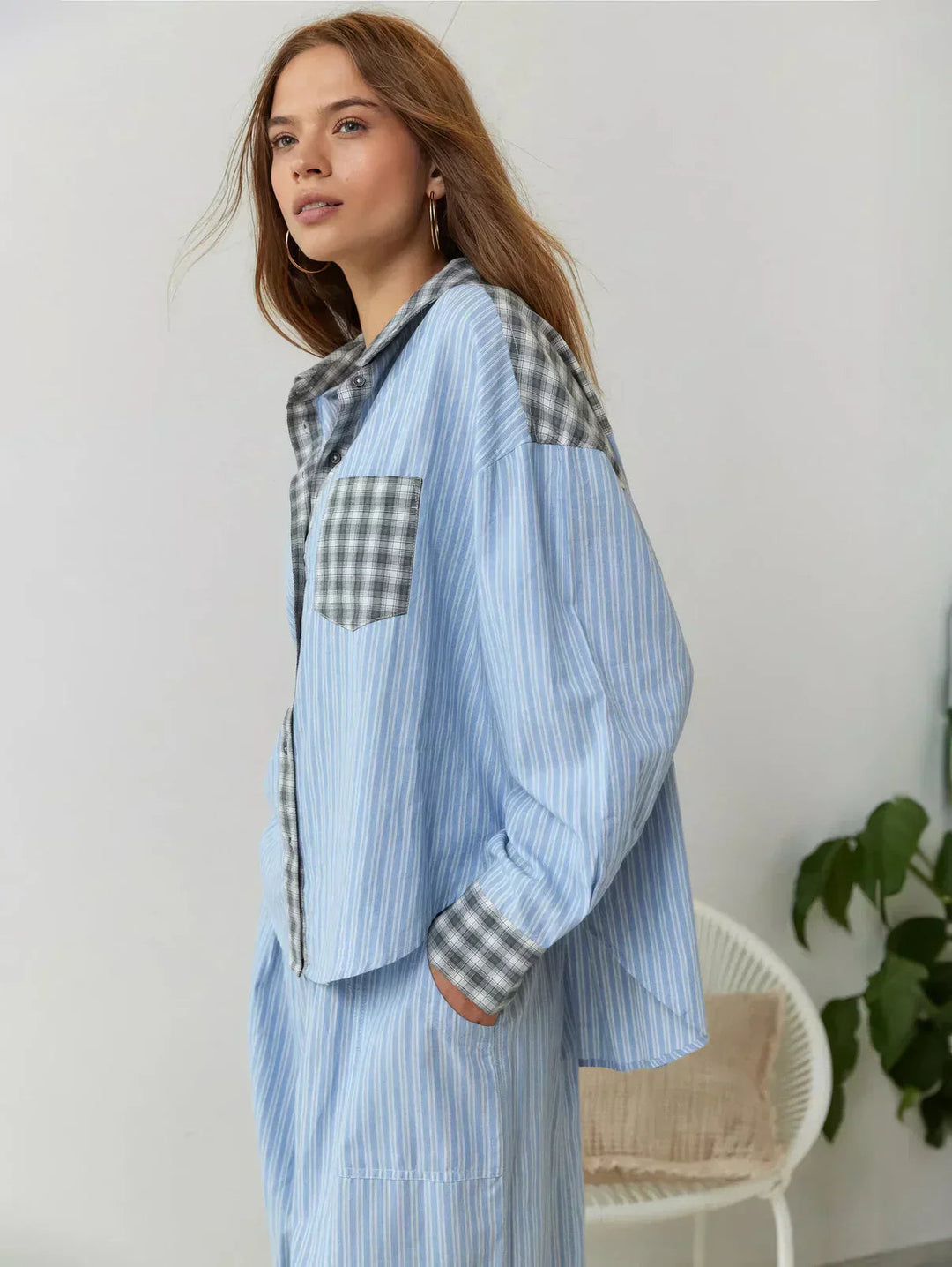 Damen Pyjama Zweiteilig Mit Knopfleiste Muster Karo- und Streifenmuster
