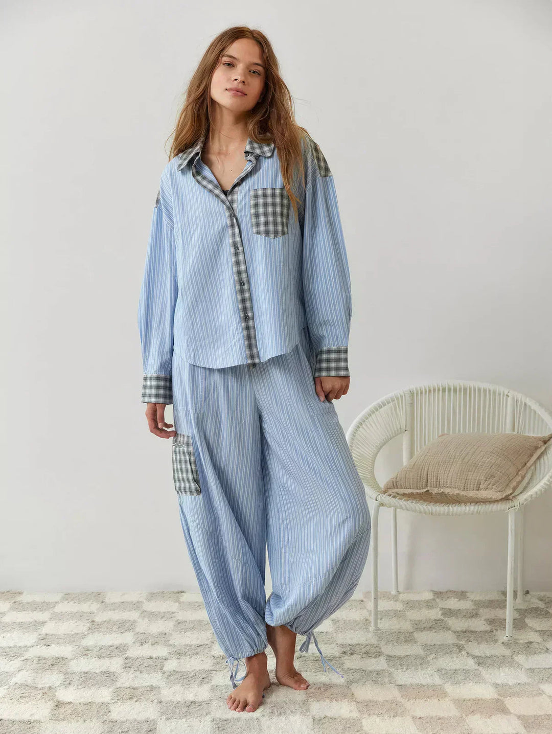 Damen Pyjama Zweiteilig Mit Knopfleiste Muster Karo- und Streifenmuster