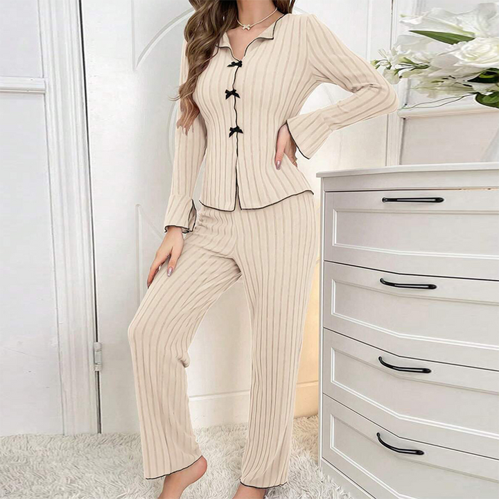 Damen Pyjama-Set Rippoptik – Dekorative Schleifenverschlüsse