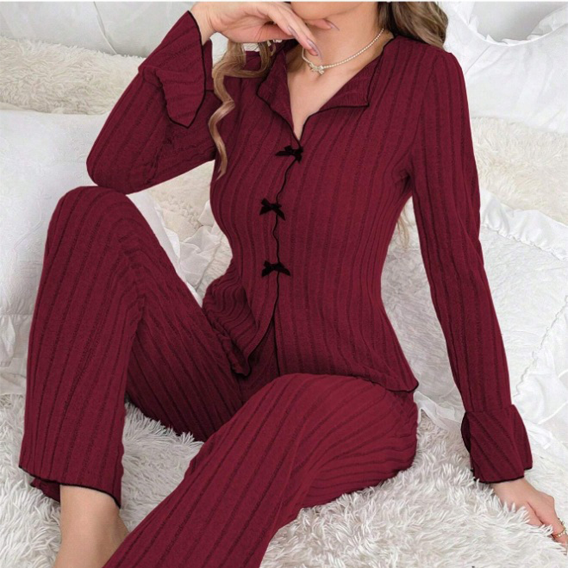 Damen Pyjama-Set Rippoptik – Dekorative Schleifenverschlüsse