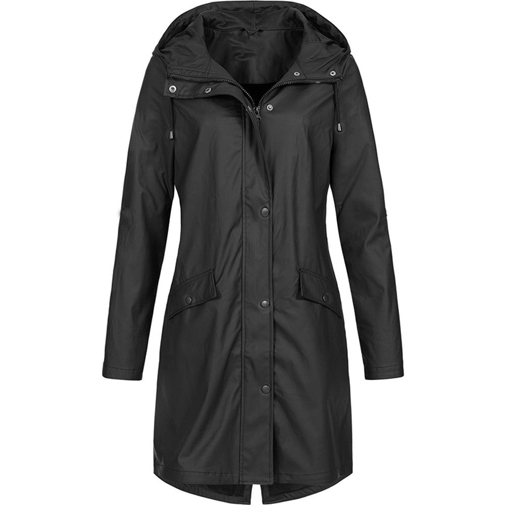 Damen Regenjacke Mit Kapuze Und Taschen Lang Praktische Details