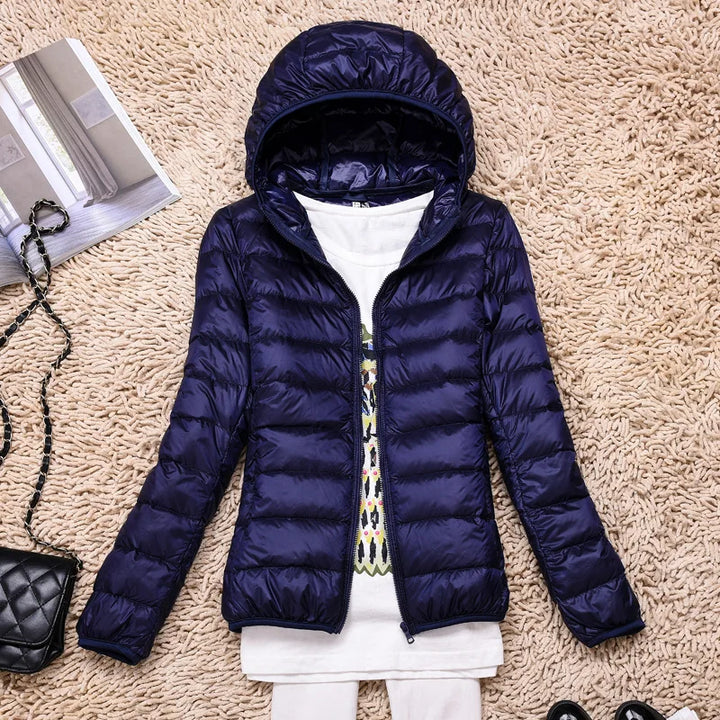Damen Daunenjacke Federleichte Mit Kapuze Taupe Faltbares