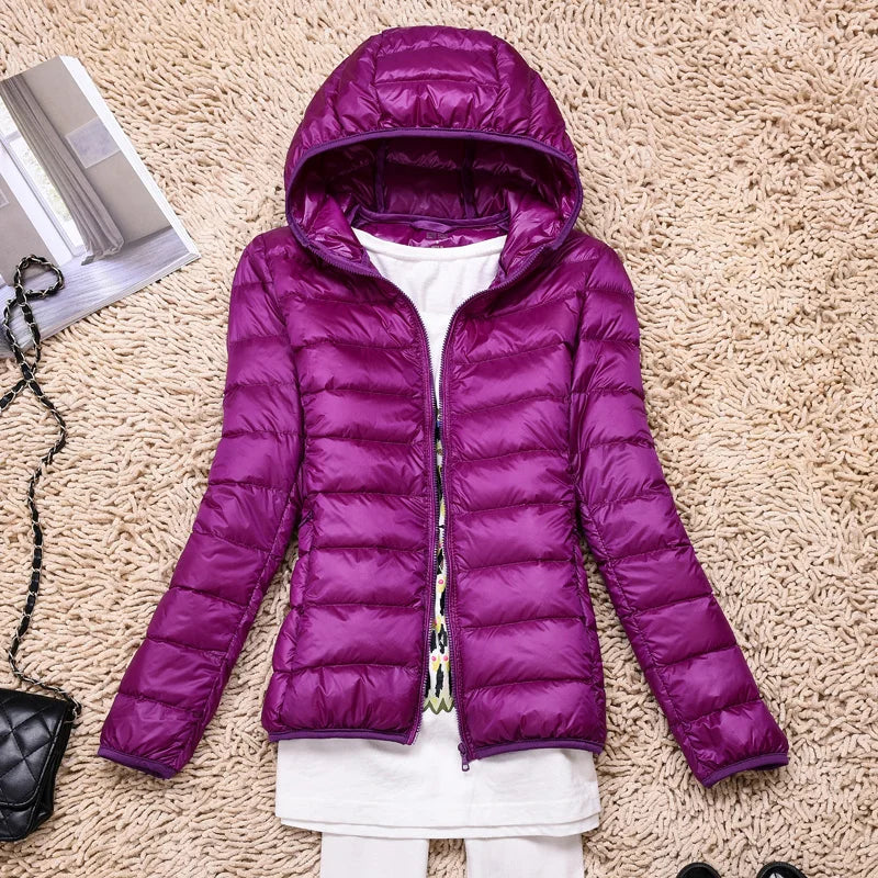 Damen Daunenjacke Federleichte Mit Kapuze Taupe Faltbares