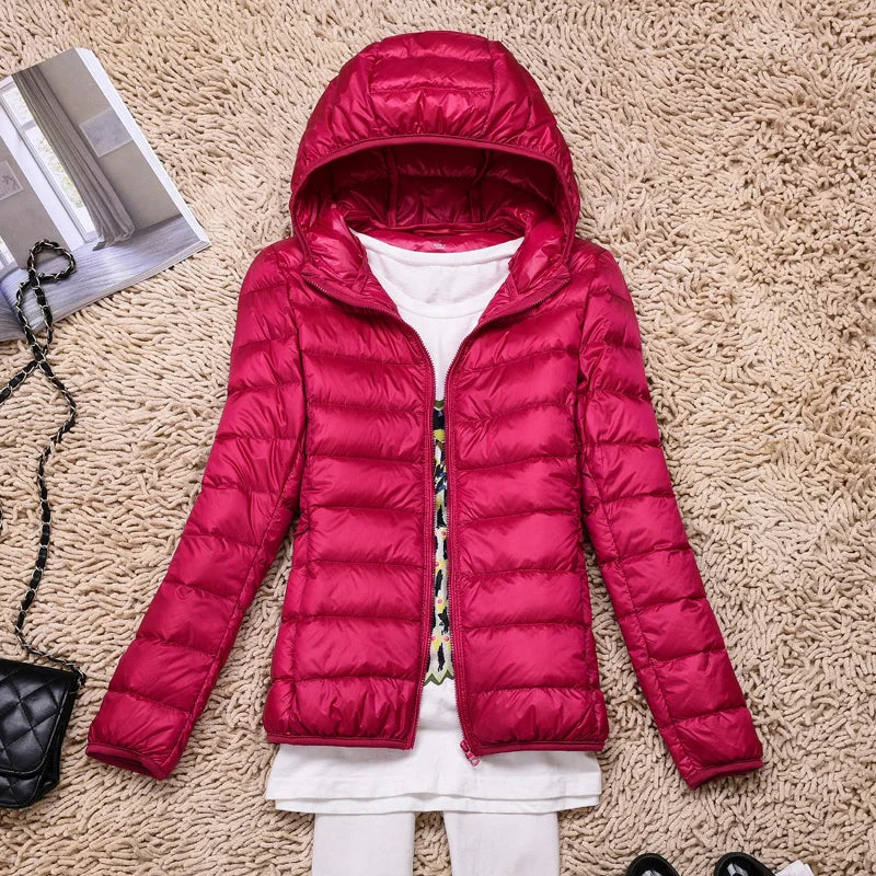 Damen Daunenjacke Federleichte Mit Kapuze Taupe Faltbares