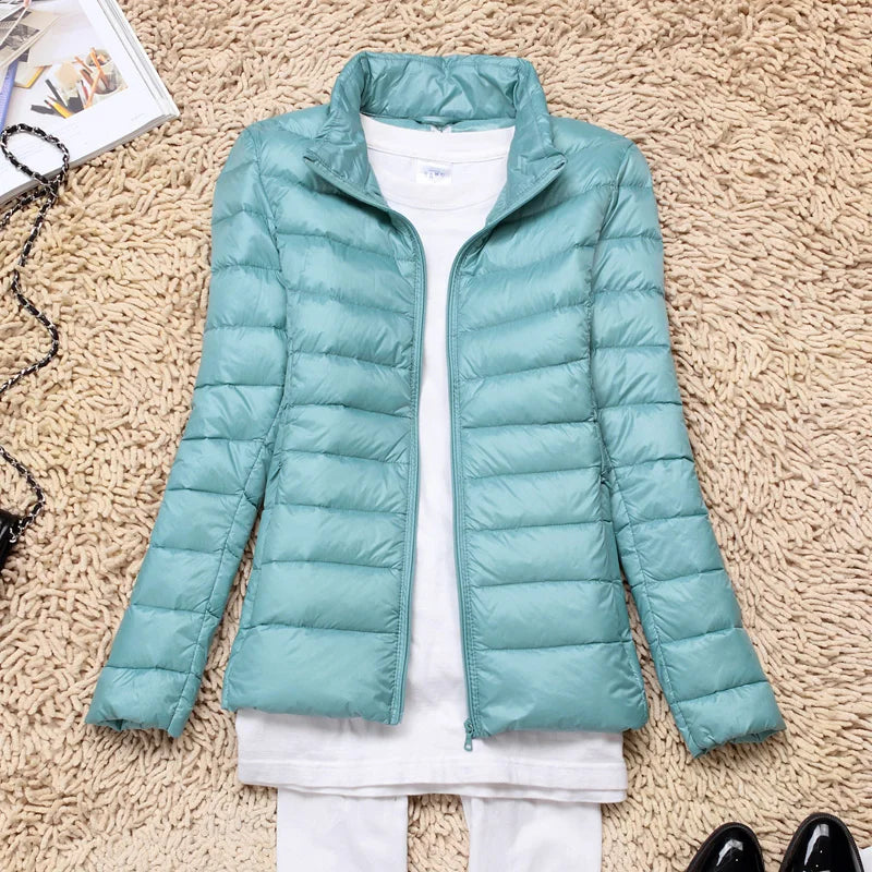 Damen Daunenjacke Federleichte Mit Kapuze Taupe Faltbares
