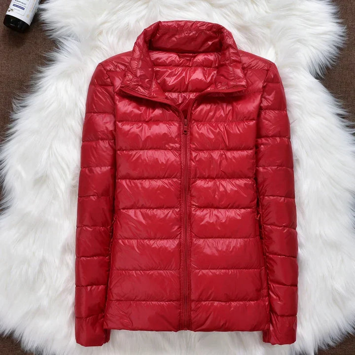 Damen Daunenjacke Federleichte Mit Kapuze Taupe Faltbares