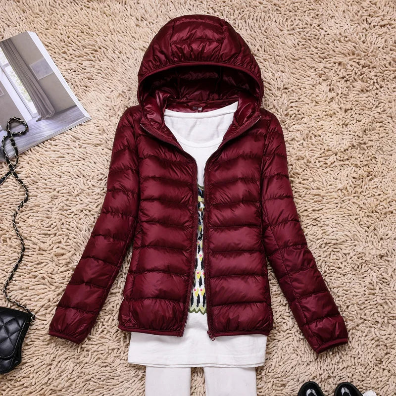 Damen Daunenjacke Federleichte Mit Kapuze Taupe Faltbares