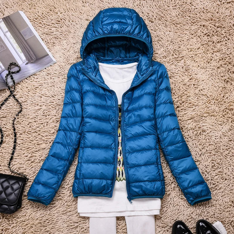 Damen Daunenjacke Federleichte Mit Kapuze Taupe Faltbares