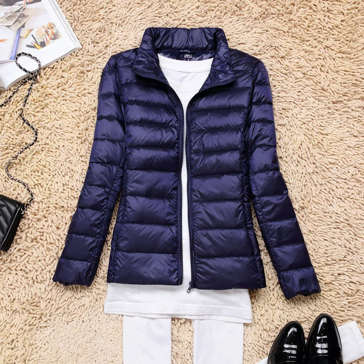 Damen Daunenjacke Federleichte Mit Kapuze Taupe Faltbares