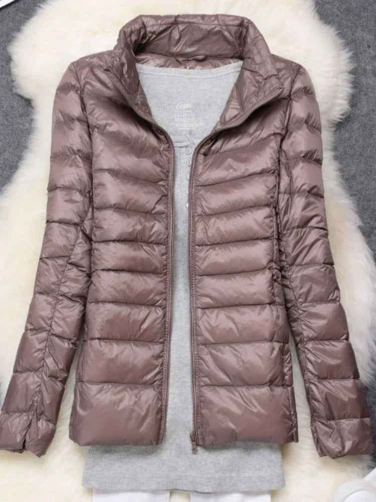 Damen Daunenjacke Federleichte Mit Kapuze Taupe Faltbares