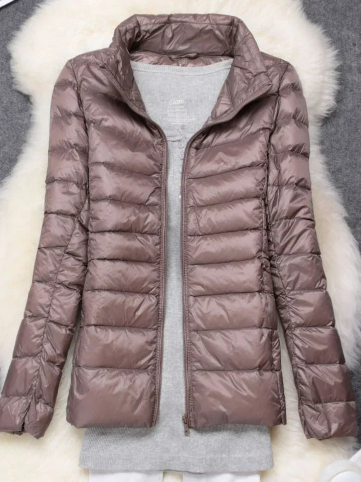 Damen Daunenjacke Federleichte Mit Kapuze Taupe Faltbares
