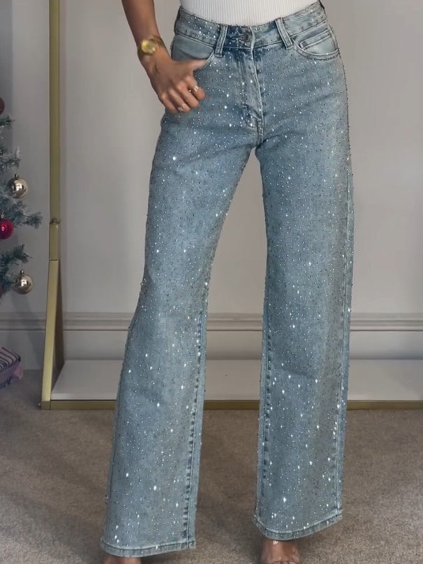 Damen High-Waist Jeans – Funkelnde Details & Bequeme Passform