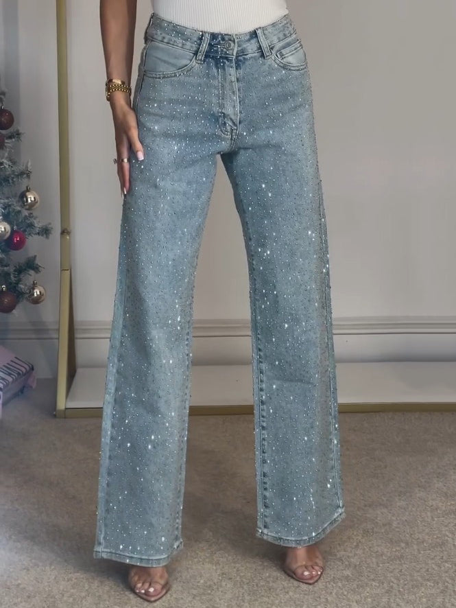 Damen High-Waist Jeans – Funkelnde Details & Bequeme Passform