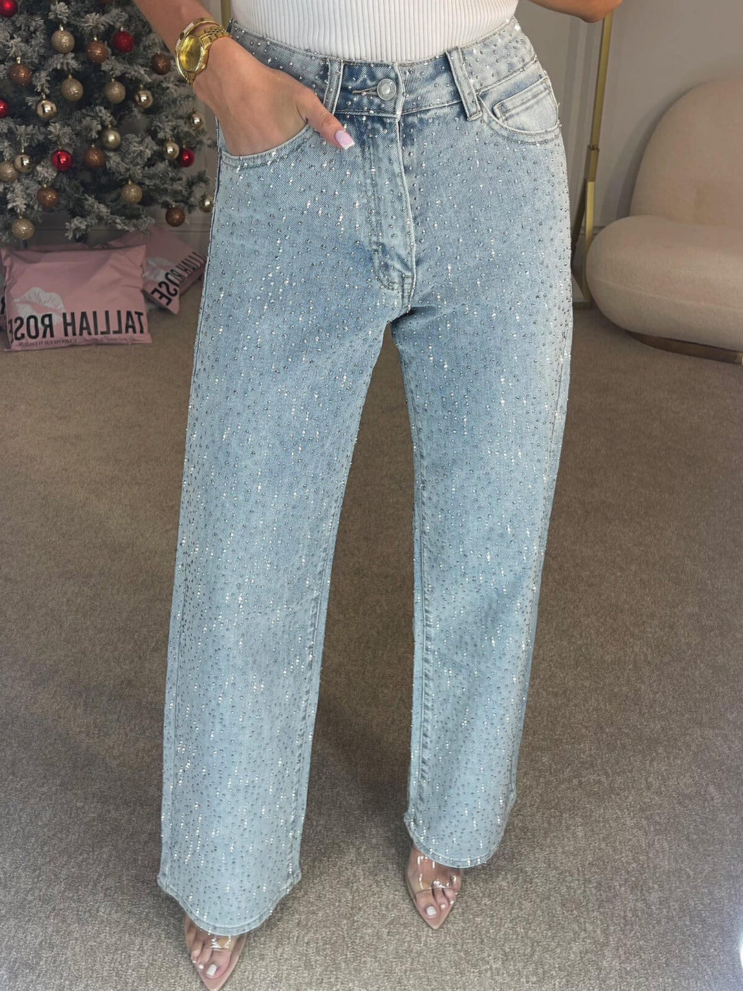 Damen High-Waist Jeans – Funkelnde Details & Bequeme Passform