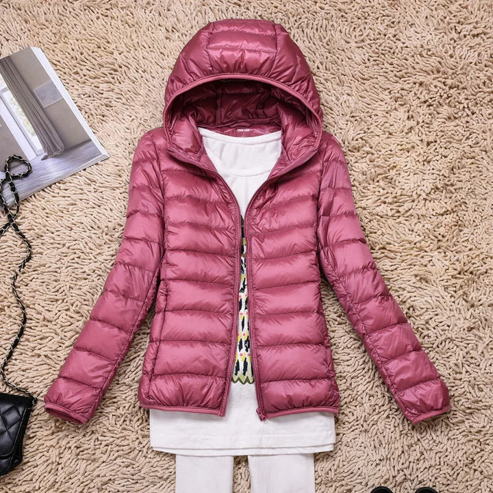 Damen Daunenjacke Federleichte Mit Kapuze Taupe Faltbares