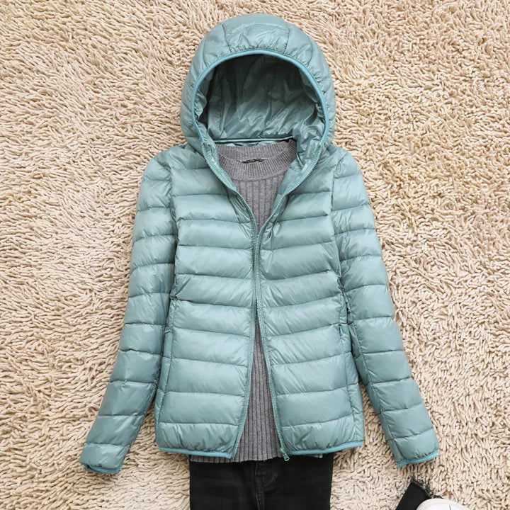 Damen Daunenjacke Federleichte Mit Kapuze Taupe Faltbares