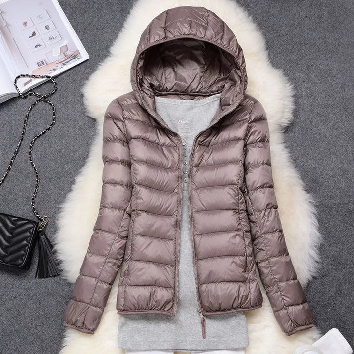 Damen Daunenjacke Federleichte Mit Kapuze Taupe Faltbares