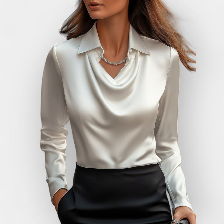 Damen Bluse Mit Wasserfallkragen Glatte, Glänzende Material