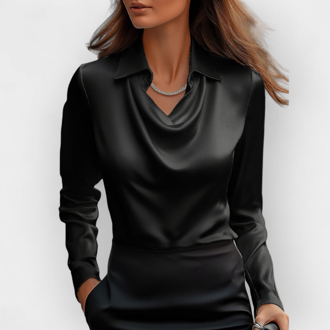 Damen Bluse Mit Wasserfallkragen Glatte, Glänzende Material