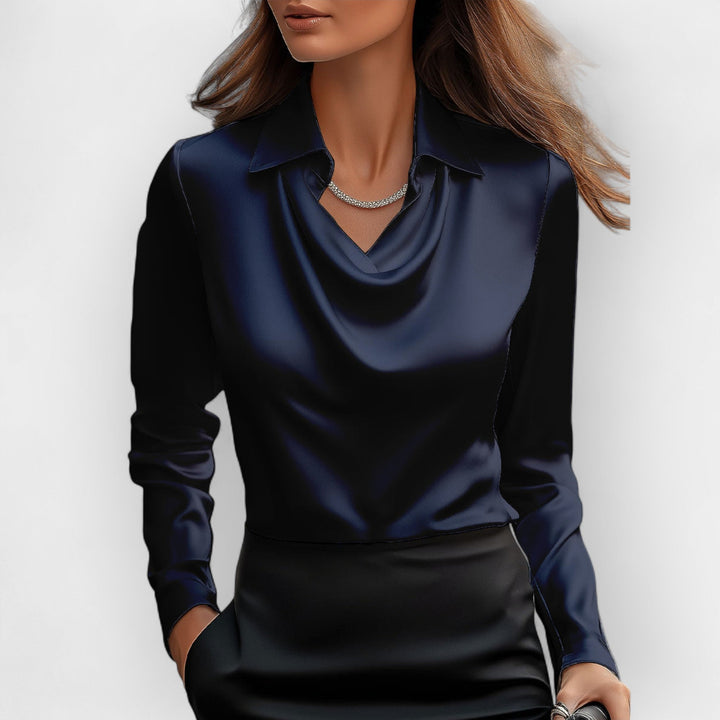 Damen Bluse Mit Wasserfallkragen Glatte, Glänzende Material