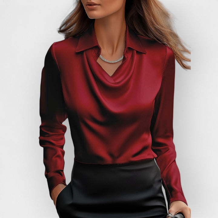 Damen Bluse Mit Wasserfallkragen Glatte, Glänzende Material
