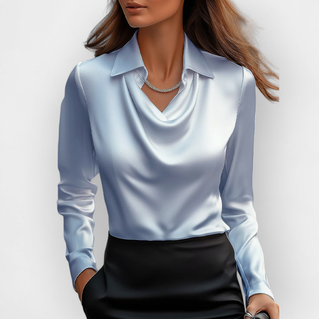 Damen Bluse Mit Wasserfallkragen Glatte, Glänzende Material
