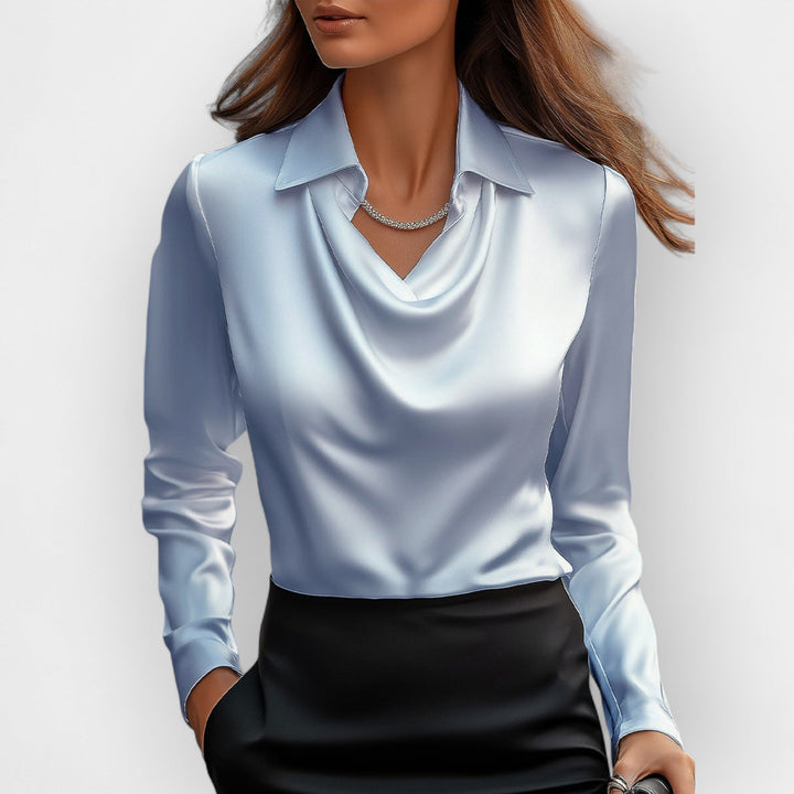 Damen Bluse Mit Wasserfallkragen Glatte, Glänzende Material