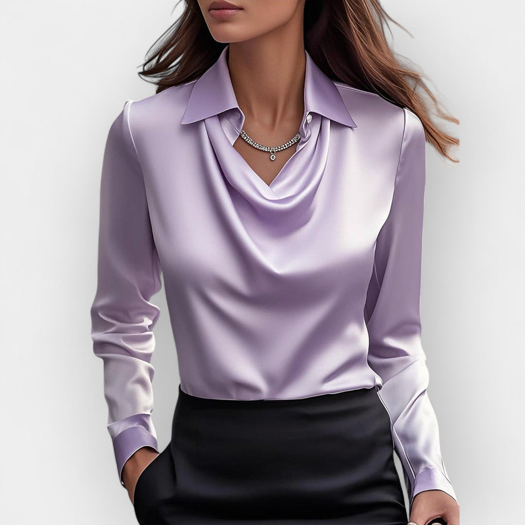 Damen Bluse Mit Wasserfallkragen Glatte, Glänzende Material