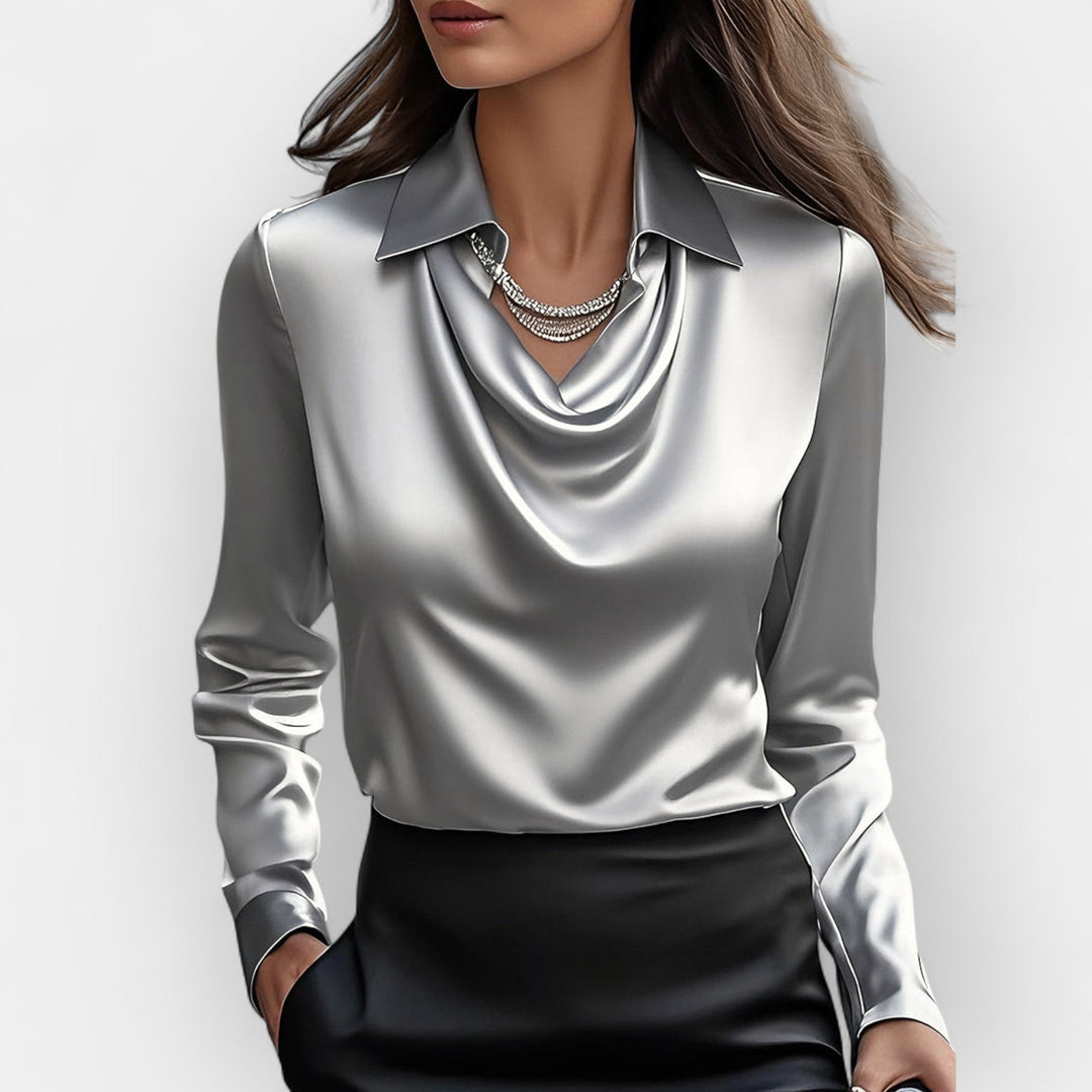 Damen Bluse Mit Wasserfallkragen Glatte, Glänzende Material