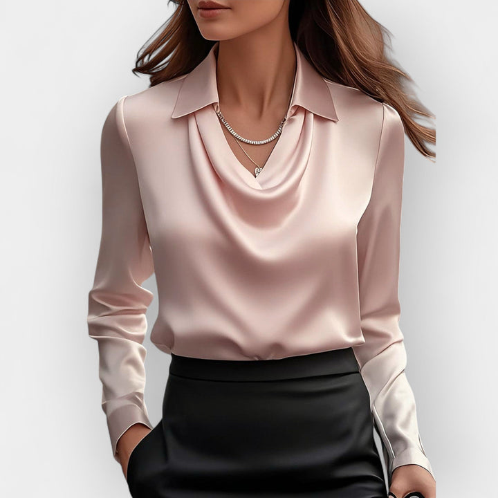 Damen Bluse Mit Wasserfallkragen Glatte, Glänzende Material