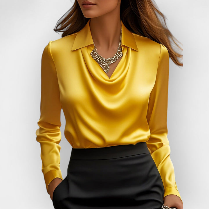 Damen Bluse Mit Wasserfallkragen Glatte, Glänzende Material