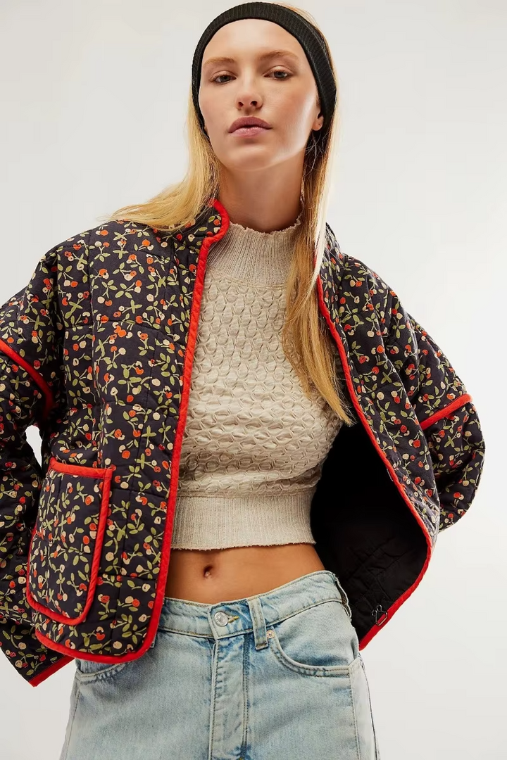 Damen Stepp Übergangsjacke Mit Femininem Blumenmuster Kurz