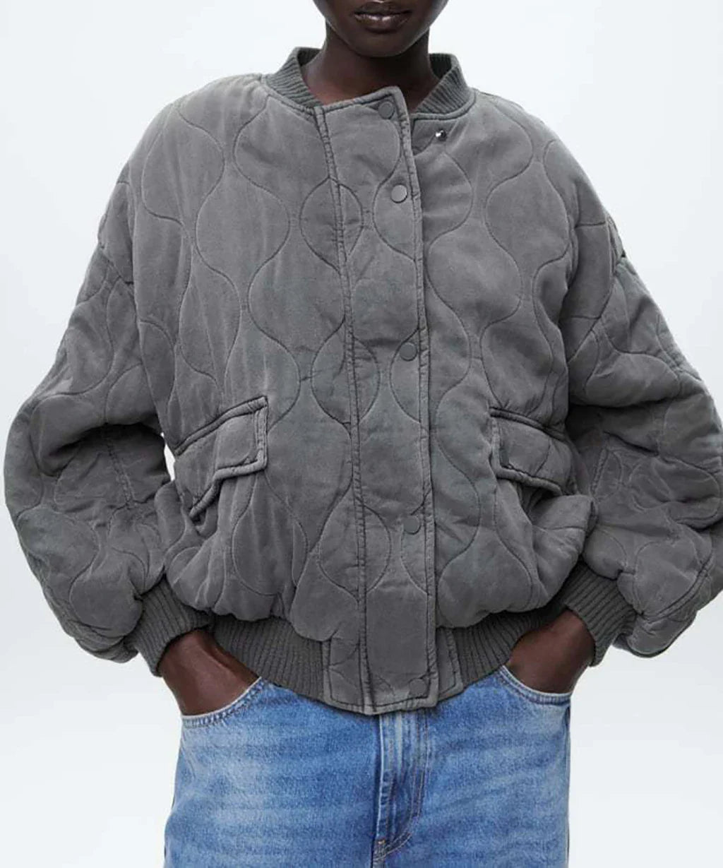 Damen Steppjacke Grau Locker Geschnitten Übergangsjacke