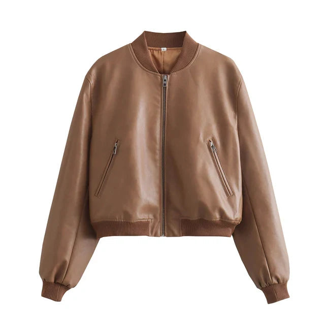 Damen Bomberjacke PU-Leder Vintage-Stil Stehkragen
