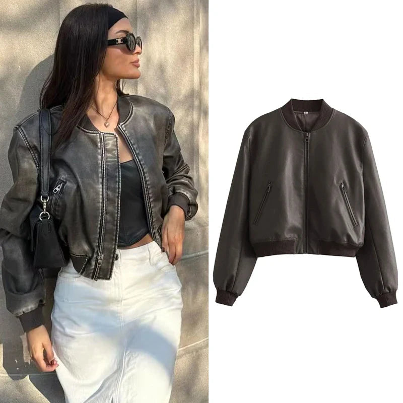 Damen Bomberjacke PU-Leder Vintage-Stil Stehkragen