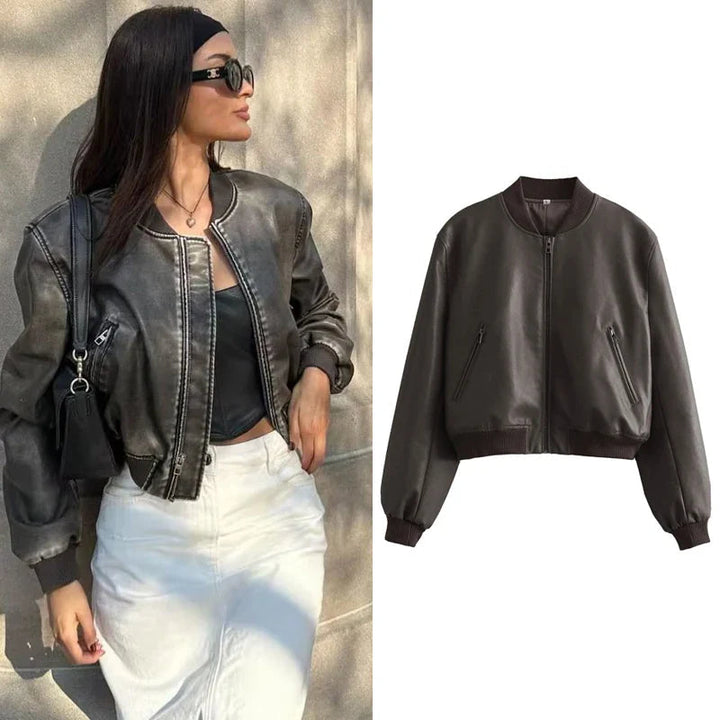 Damen Bomberjacke PU-Leder Vintage-Stil Stehkragen