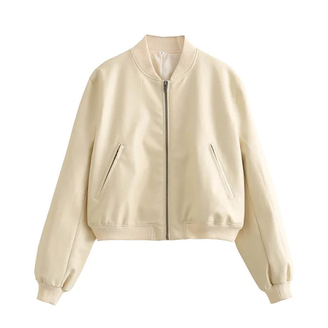 Damen Bomberjacke PU-Leder Vintage-Stil Stehkragen