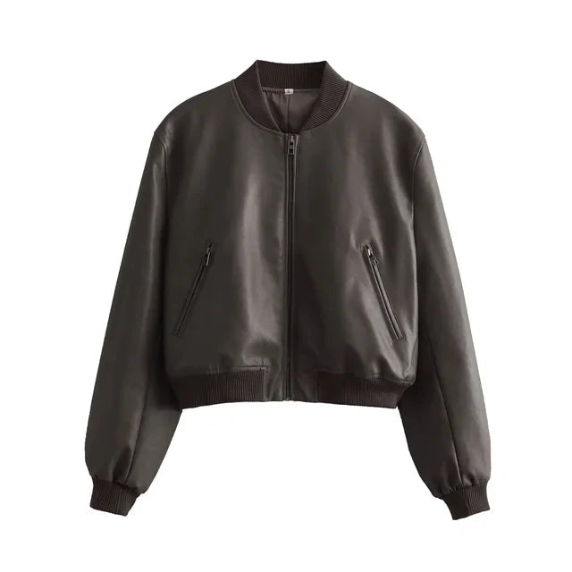 Damen Bomberjacke PU-Leder Vintage-Stil Stehkragen