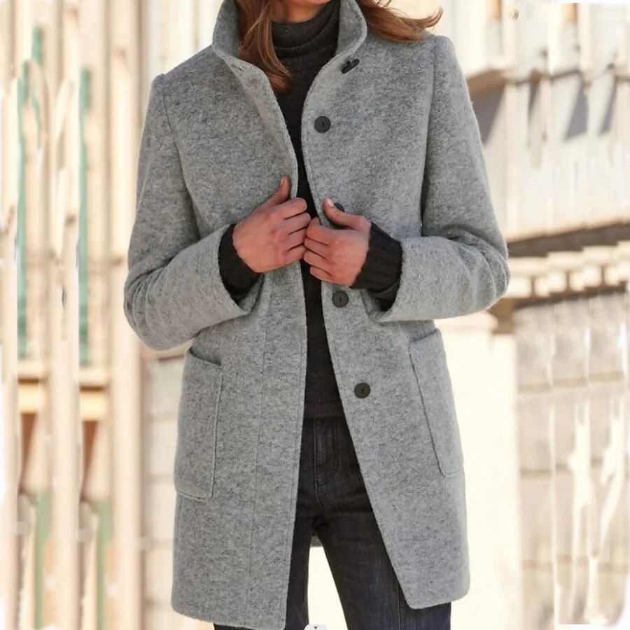 Damen Wollmantel Winter Eleganter Knopfverschluss Stilvoll Warm