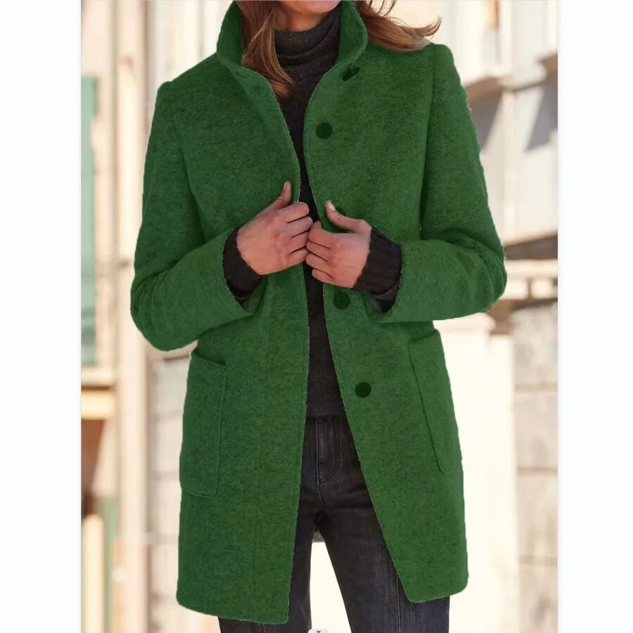 Damen Wollmantel Winter Eleganter Knopfverschluss Stilvoll Warm