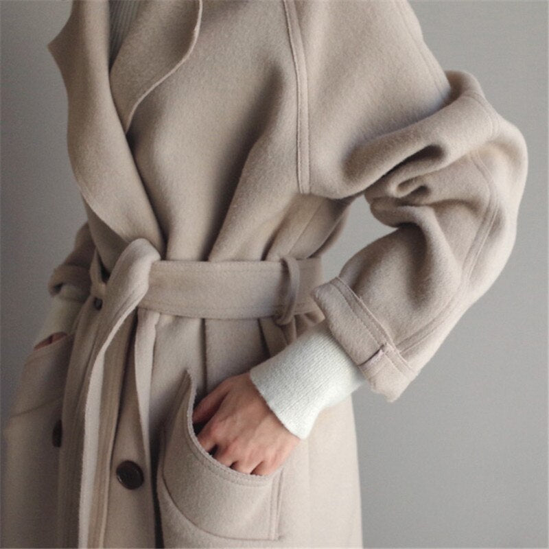 Damen Langer Mantel Beige Schmeichelndem Schnitt Wärme Wintermantel