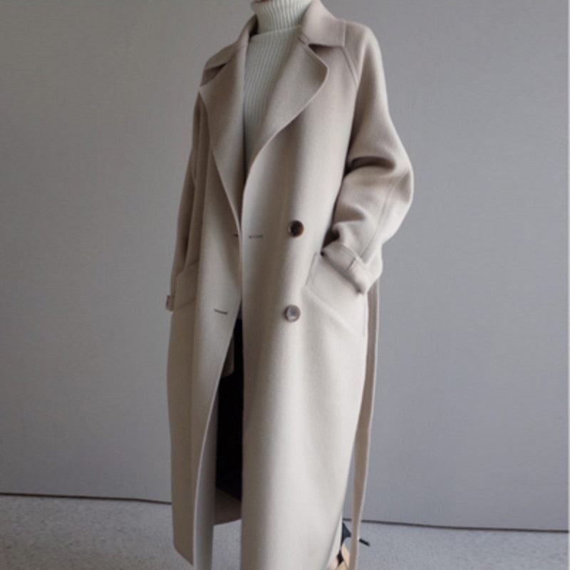 Damen Langer Mantel Beige Schmeichelndem Schnitt Wärme Wintermantel