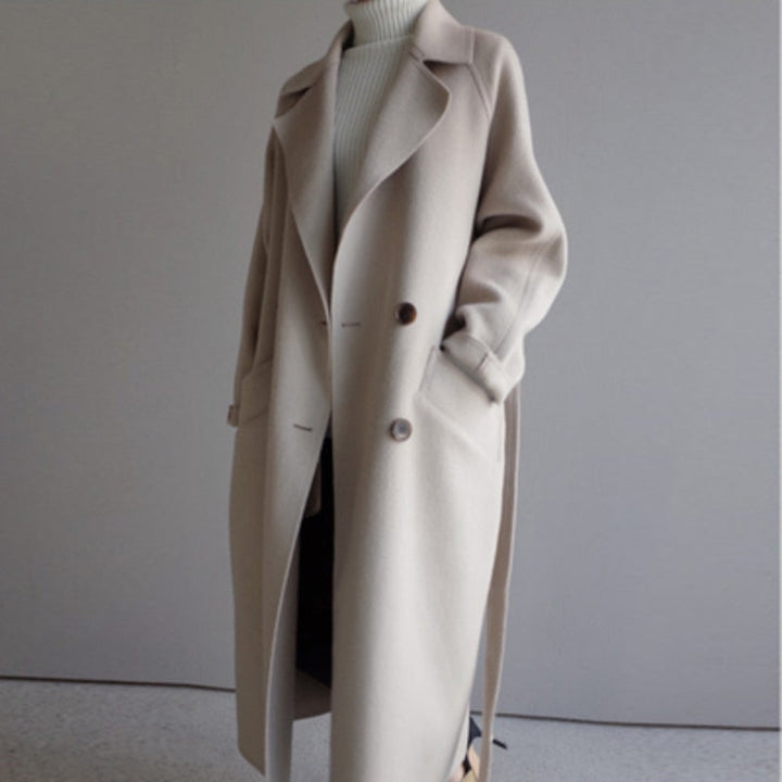 Damen Langer Mantel Beige Schmeichelndem Schnitt Wärme Wintermantel