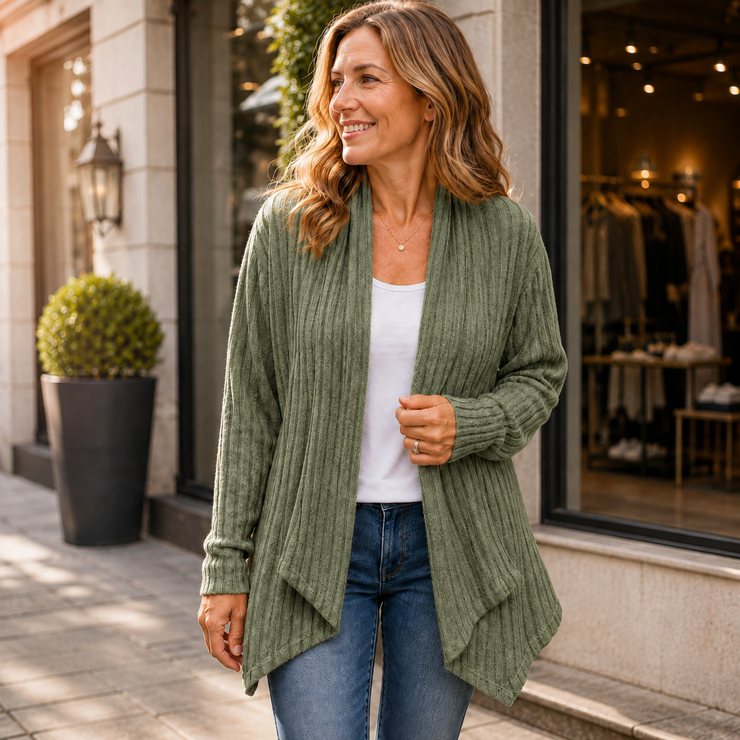 Damen Strickjacke Lang Mit Wasserfallkragen Weich Und Warm